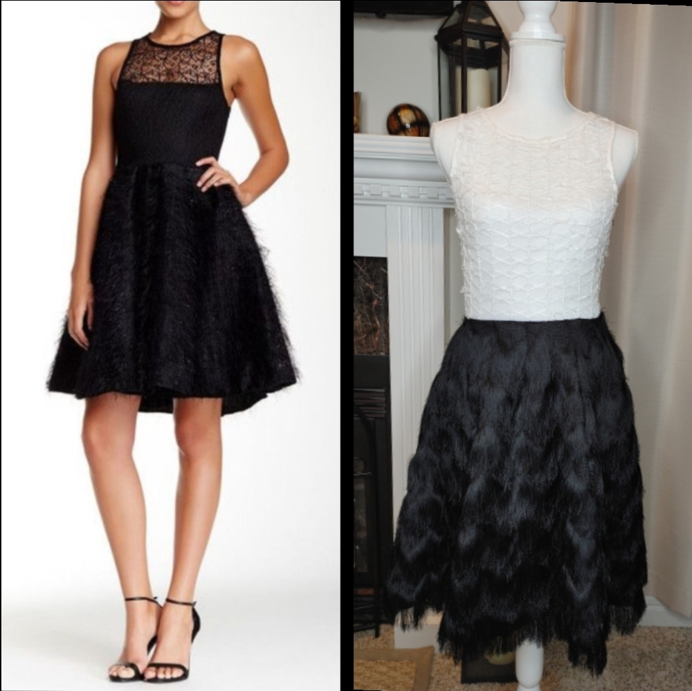 RARE! ISSUE NEW YORK EYELASH FRINGE DRESS, WHITE/BLACK S